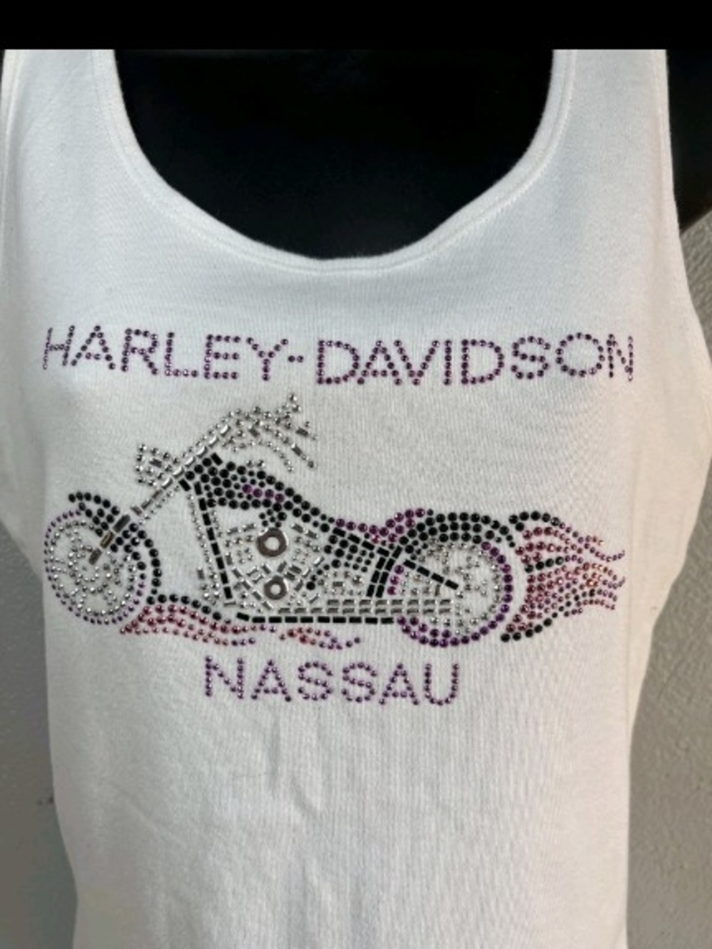 Harley-Davidson White Tank Top with Black and Purple Rhinestone Bike